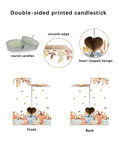 Thanksgiving Candle Holders Set, Wooden Tealight Candle Holder Gifts For Women, Fall Pumpkin Fallen Leaves Autumn Botanical Candlesticks Holder Decor For Wedding Dinning Party #TOP1