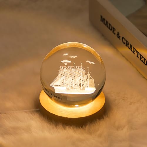 Image of 3D Sailboat Crystal Ball Lamp with Dimmable LED and Wooden Base, Night Light for Kids Teens Adults, Home Desk Office Bedroom Decor, Birthday Gift (2.4 inch / 6cm)