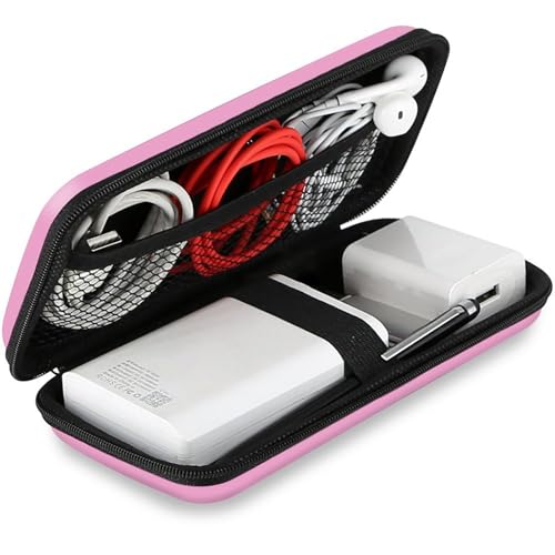 iMangoo Shockproof Travel Essentials Organizer Case, Small Accessories Hard Protective Pouch Electronics Purse for Women Men Zipper Tech Cord Cable Power Bank Charger 6.5x3.2x1 In (Pink)