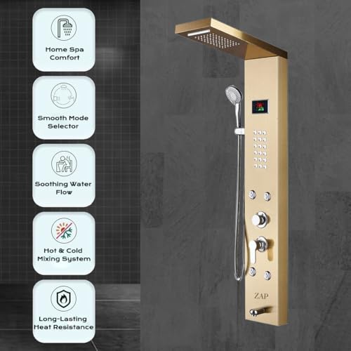 Image of ZAP X9 Gold Shower Panel System with LED Temperature Display | Rainfall Top Shower, Hand Shower, Body Massage Jets & Bucket Filler | Multi-Function Stainless Steel Bathroom Shower Unit
