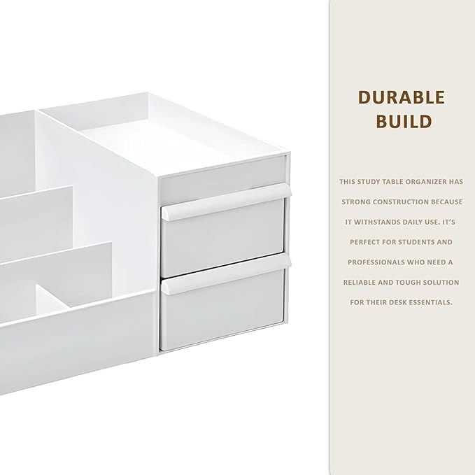 Image of ROKTRY Multi-Functional Desk Organizer with Drawers|Large Capacity All-in-One Stationary Storage Box for Office, School & Home|Aesthetic Pen Stand, Notebook Holder&Accessories for Study Table (White)