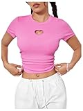 SweatyRocks Women's Y2K Short Sleeve Heart Cutout Ribbed Fitted Crop Top Tee Shirt Pink Large