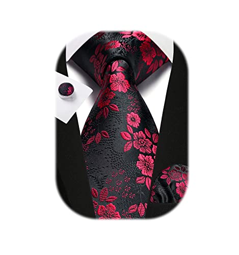 Image of Enlision Ties for Men Floral Tie Handkerchief Cufflinks Set Formal Flower Classic Mens Necktie & Pocket Square Wedding