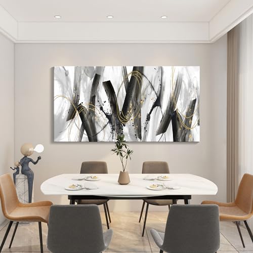 Image of Large Modern Wall Art for Living Room, Bedroom, Office - Black and Gold Wall Pictures Abstract Paintings, Artwork - Black and White Wall Decor, Grey Tone29x58IN
