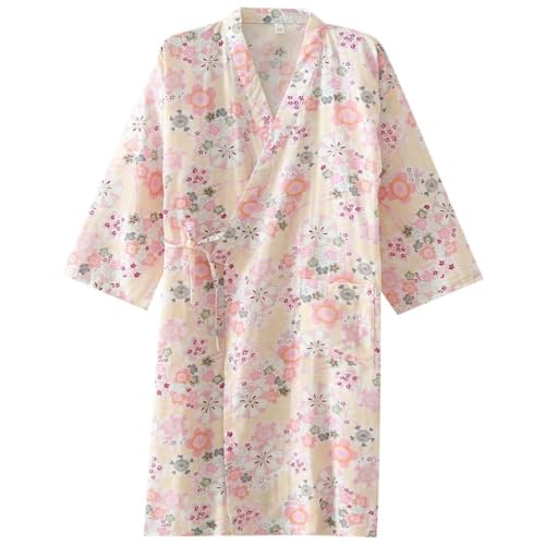 YMMMY ROSE Cotton Kimono Robe Women Bathrobe Sleepwear Nightgown Soft Lightweight Yukata Lounge Robe Knee Length Spa Pajamas