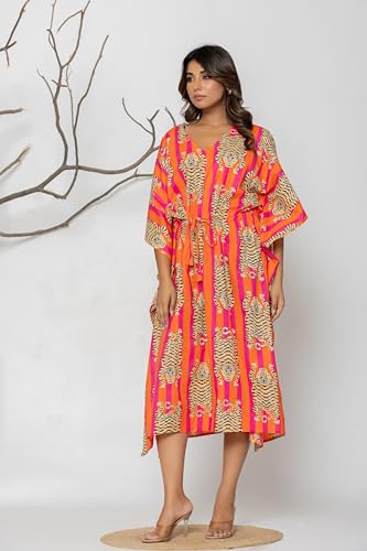 Women Tiger Print Kaftan Dresses Plus Size Swimsuit Coverup Tropical Tiger Print Kaftan Dress, V-Neck, Orange and Pink Stripes, Midi Length Summer Bathing Suit Caftan Loungewear Beach Dress2
