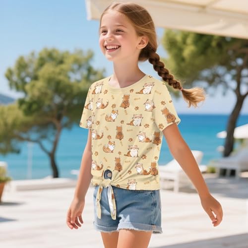 Cute Girls Tie Front Top Short Sleeve T Shirts Round Neck Tees Summer Clothes for Kids 5-12T3