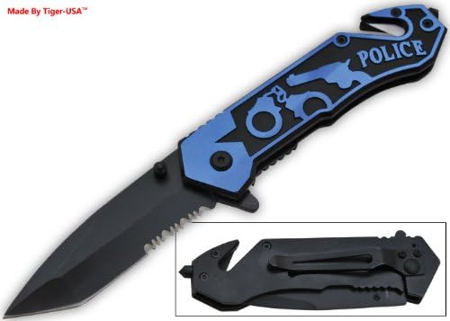 P-8303-PO 8" xM1F87Y9 Super Action Folding VeB4FMRK Knife- Blue Police folding knife sharp edge yuu45672gh 8" Super Action Folding Knife- Blue Police. Excellent quality knife. Surgical Steel Tanto Half Serrated Black Blade. Includes a seat belt cutt