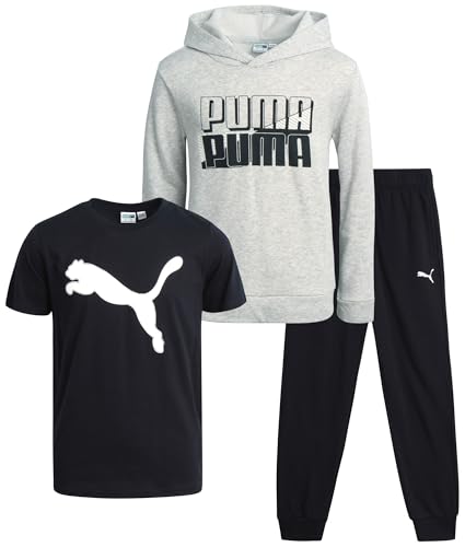 PUMA Boys Sweatpants Set - 3 Piece Fleece Pullover Hoodie Boys TShirt and Jogger Pants Youth Kids Activewear Set (8-16)