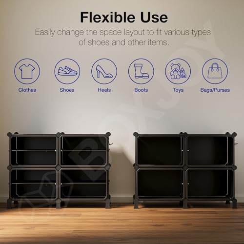 Image of BOXJOY 8 Shelf Horizontal Shoe Rack with 4 Doors, Magnet & 5 Hook Steel Holder for Home Storage Box Organizer, Hard PET Plastic with Metal Door Frame, Shoe Chappal Slipper Stand(Black, Brown Door)