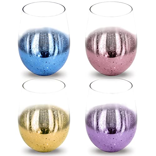 Unique Stemless Wine Glasses Set 4, Crystal Drinking Glasses, Starry Sky Pattern Mixed Drinkware Sets, Decorative Glass Wine Tumblers for Whiskey Cocktail Beer Bourbon Water