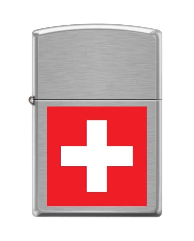 Zippo Briquet Tempête - Modèle Drapeau Suisse - Chrome Brossé avec Color Image - Rechargeable - Réutilisable - Design Coupe-Vent - Coffret Cadeau - Fabriqué aux États-Unis