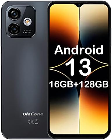 Ulefone Mobile Phones, Note 16 Pro Android 13 Smartphone, 16GB RAM 128GB ROM SD256GB, Octa-Core, 50MP Camera, 6.52" 60Hz Screen, 4400mAh, 4G Dual SIM Unlocked, Face Fingerprint ID, Meteorite Black