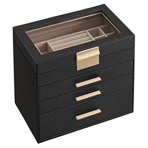 SONGMICS Schmuckkästchen, Schmuckkasten mit 4 Ebenen, Schmuckbox mit Glasdeckel, 3 Schubladen, für Sonnenbrillen, große Schmuckstücke, Schmuckaufbewahrung, modern, graphitschwarz-golden JBC161B02 Cover