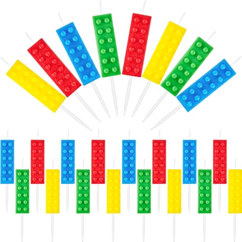 Image of BBTO 24 Pcs Building Block Candles Brick Birthday Cake Candles Topper Sparkler Novelty Decor Building Block Construction Party Themed Decoration Favor for Birthday Baby Shower Summer Party Supplies