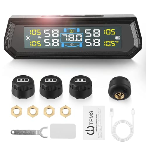 Tire Pressure Monitoring System TPMS,Solar Power Universal Wireless Car Alarm System, USB Charging and Digital Display,Monitor with 5 Alarm Modes,Pressure Range 0-5 bar, 0-87Psi for Car SUV Trailer