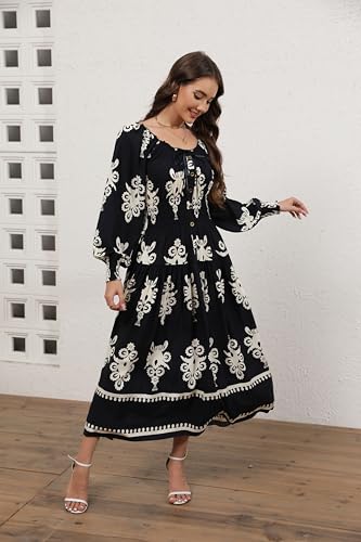 Image of OSTOO Women's 2026 Casual Long Sleeve Square Neck Smocked High Waist Flowy Maxi Dress,Boho Tiered Beach Party Dress