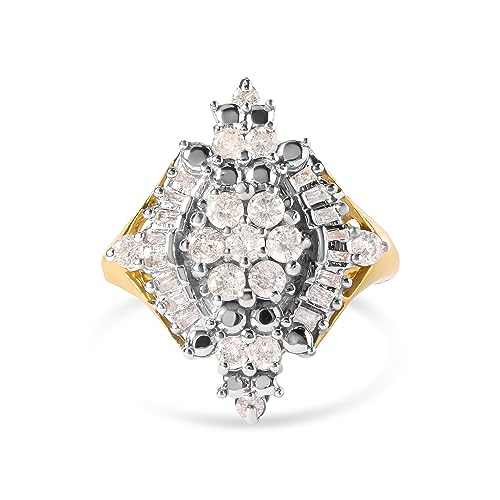 Haus of Brilliance 10K Yellow Gold 1 Cttw Round and Baguette cut Diamond Cluster and Rhombus Halo Ring (H-I Color, I1-I2 Clarity) - Ring Size 7