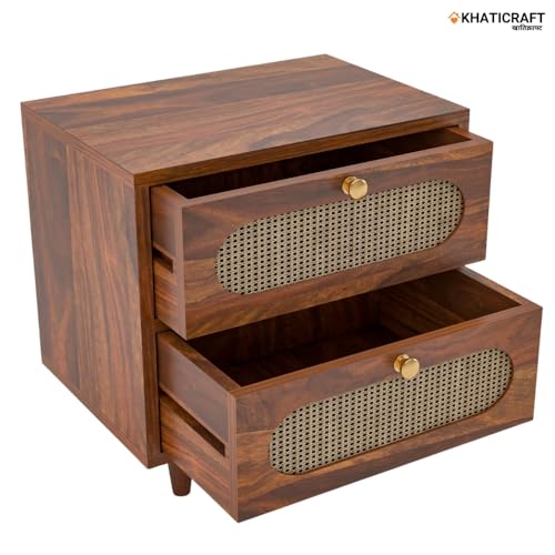 Image of Solid Sheesham Wood Rukm Bedside Table with 2 Drawer Storage for Bedroom | Wooden Nightstand Side Table for Living Room, Home and Hotels | Honey Finish
