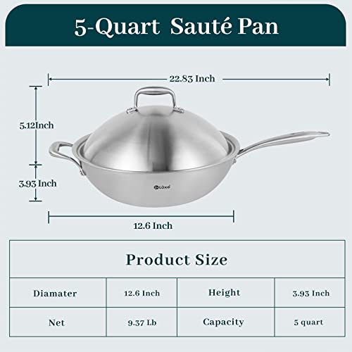 Deluxe Stainless Steel Wok Pan, 12.5" Stir Fry Pan With Steel Lid, 3-Ply Kitchen Cookware Stay-Cool Handle Large Cooking Pot For Induction Cooktop Electric Gas Ceramic, Dishwasher Oven Safe #TOP3