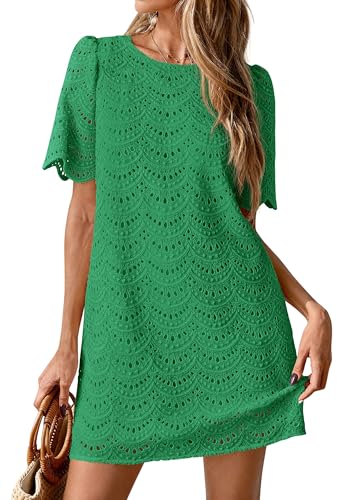 PRETTYGARDEN Women's 2026 Summer Casual Short Dresses Embroidered Lace Short Sleeve Boho Mini Dress Beach Vacation Clothes (Dark Green,Large)