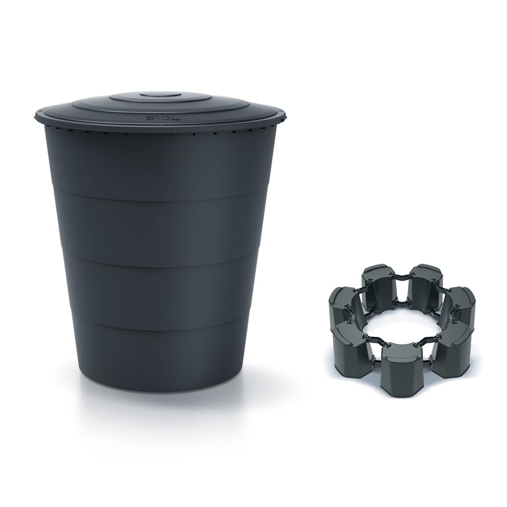 Kreher Bidón de lluvia XXL Smooth 510 L (antracita, con tapa y monobloque) | Tanque de agua de lluvia de plástico en diseño moderno y redondo, que ahorra agua en el riego del jardín