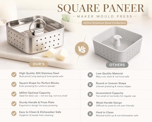 Image of Steel Paneer Maker Mould Press 650ml | Large Size Paneer Mould | Stainless Steel Paneer Press With Strainer | Square Paneer Press Machine for Home made Paneer & Tofu