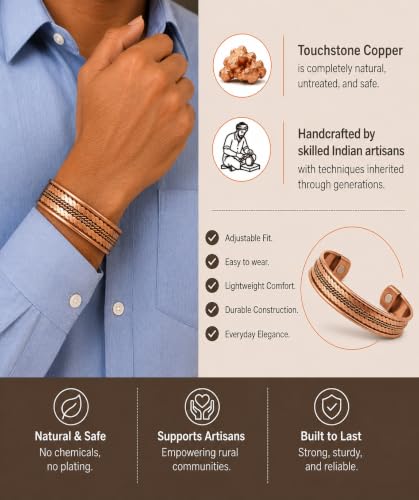 Image of Touchstone Copper magnetic bracelet Tibetan style. Hand forged with solid and high gauge pure copper. Delicate brass inlay.