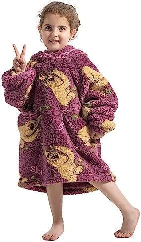 Adisputent Kids Blanket Hoodie Snuggle Oversized Sherpa Blanket Toddlers Boys Girls Super Soft Cozy Fleece Fluffy Blanket Hooded Wearable Blanket With Pockets 2-7 Years Purple Sloth