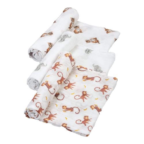 Image of LollyBanks 100% Cotton Muslin Swaddle Blankets, Animal Theme 3 Pack, 47 x 47 Inches, Unisex, Grey