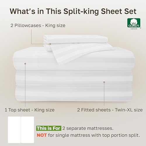 Image of California Design Den 500TC 100% Cotton Split King Sheets Set, White Stripe | Good Housekeeping Seal, OEKO-TEX Certified, Silky-Soft Sateen Weave, 5pc Set, 15 inch Deep Pockets, For Hot Sleepers, All-Season