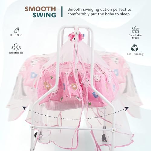 Image of BAYBEE Cradle for New Born Baby with Mosquito Net & Bedding Set, Baby Jhula, Thottil, Infant Uyyala, Safety Spring Palna, Cotton Sleeping Swing for Boys & Girls (Pink)