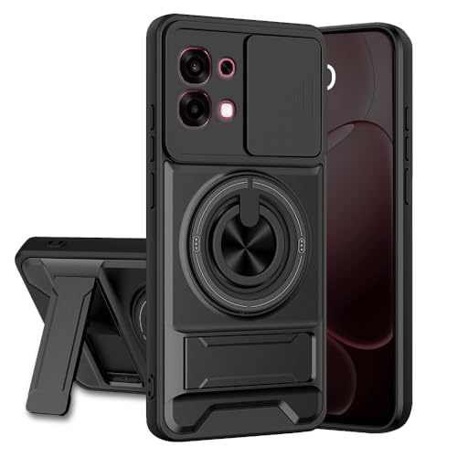 Image of Oppo F31 5G Back Cover | Armor Camera Slider 360 Degree Rotating Finger Ring Holder Case with Bracket Stand Back Case Cover (Compatible with MagSafe Accessories) (Black)