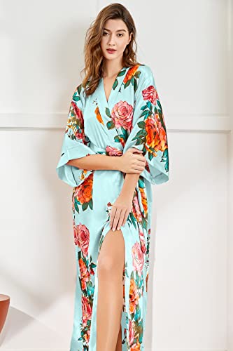 Image of BABEYOND Women's Kimono Robe Long Satin Silky Floral Lightweight Bridesmaid Wedding Bachelorette Party Robe