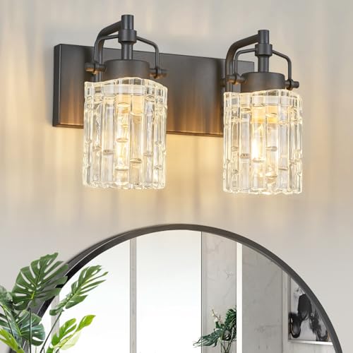BNHHLZ Bathroom Vanity Light 2-Light Modern Vanity Light with Crystal Glass Shade Black Bathroom Light Fixtures Over Mirror Crystal Vanity Lighting Fixtures