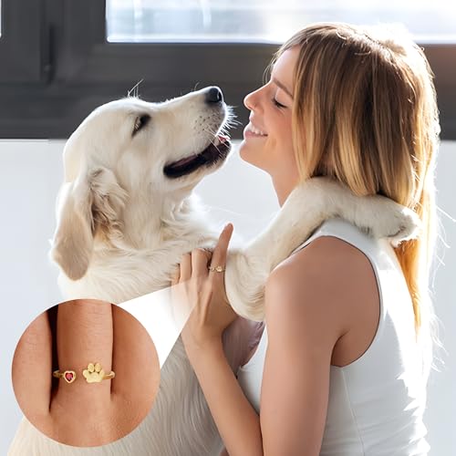 Memorial Gifts for Pet Lover Birthstone Rings for Women with Dog Paw Dainty Paw Printed Heart Rings for Teen Girl Dog Mom Gifts Adjustable Pet Paws Gold Ring for Women Non Tarnish Birthday Gift Gold Jewelry for Friend Sister Mom2