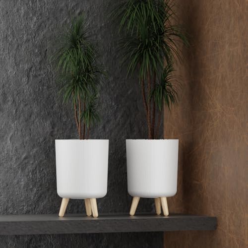 Image of StyleX Store Modern White Flower Pot with Plastic Legs | Indoor Outdoor Planter for Home Garden Balcony Decor Ribbed Design Sturdy Plastic Mid-Century Style (White Pack of 2)