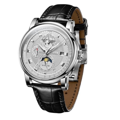 REEF TIGER Top Brand Herren Moonphase Automatikuhr Kompletter Kalender Leuchtend Transparent Leder Mechanische Uhr RGA1963, Rga1963-ywb, Armband