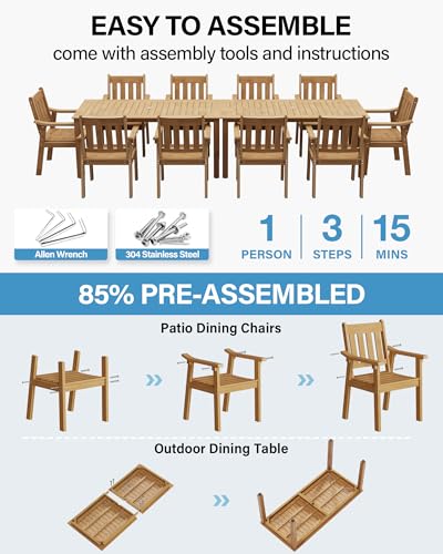 Image of YEFU Outdoor Patio Dining Sets: All Weather 12 Piece Dining Table Set for 10 with Umbrella Hole & Aluminum Frame - Outdoor Furniture Patio 2 Table and 10 Chairs for Outside Backyard /Porch /Deck Teak