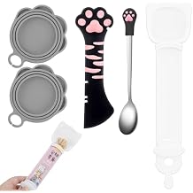 5 PCS Cat Food Can Covers Lids Set, Silicone Pet Food Can Lids with Multi-Function Cat Food Spoon and Opener, Cat Bar Squeezer, Stainless Steel Wet Food Spoon for Cats and Dogs Pink Black Pink