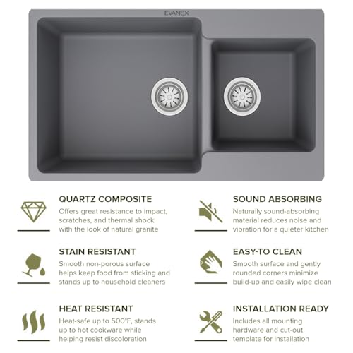 Image of EVANEX Quartz Kitchen Sink|Double Bowl Sink for Kitchen|Topmount /Undermount Kitchen Sinks|Grey Double Sink with Connector, Waste Pipe, Coupling and Drain Basket|34x20x9 Granite Kitchen Sinks