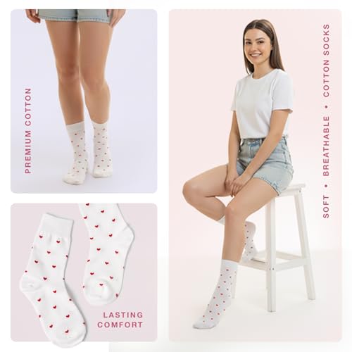 Image of Women's Cute Heart Pattern Crew Socks - 3 Pairs Colorful Novelty Gift Set - Soft Cotton Cozy Socks for Casual Wear
