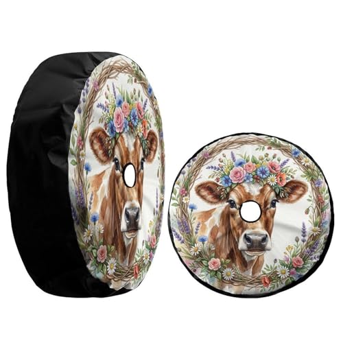 Image of Delerain Spare Tire Cover with Backup Camera Hole Cow Portrait with Flowers Wheel Covers Waterproof Dust-Proof UV Sun Universal Fit for Jeep Trailer RV SUV Truck (17 Inch for Diameter 31 inch-33 inch)