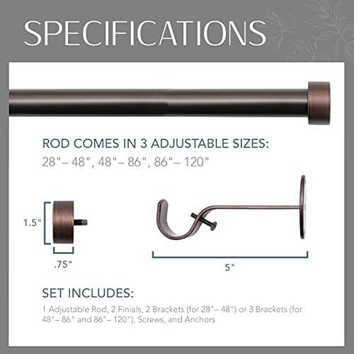 Elrene Home Fashions Serena Single Curtain Rod For Curtains And Drapery With Contemporary Cap Finials, 1-Inch Diameter, 28" - 48" Adjustable Rod, Antique Bronze #TOP3