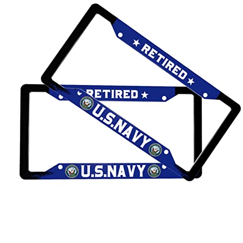 License Plate Frames, Us Navy Retired Veteran License Plate Frame 2 Pack Car License Plate Cover Holder With 4 Holes, Black Blue Metal Matte Personalized Funny Cool Auto Car Tag Frames For Women Men #TOP1