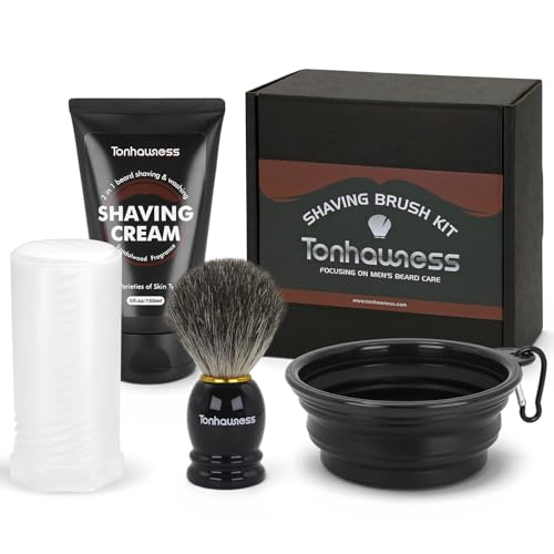 Travel Shaving Brushes Kit For Men, 4 In 1 Shaving Brush Set With Badger Hair Shaving Brush, Shaving Brush Case, Shaving Cream and Foldable Shaving Bowl For Trip
