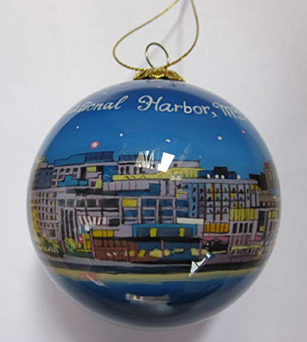 Hand Painted Glass Christmas Ornament - Night View of National Harbor, MD
