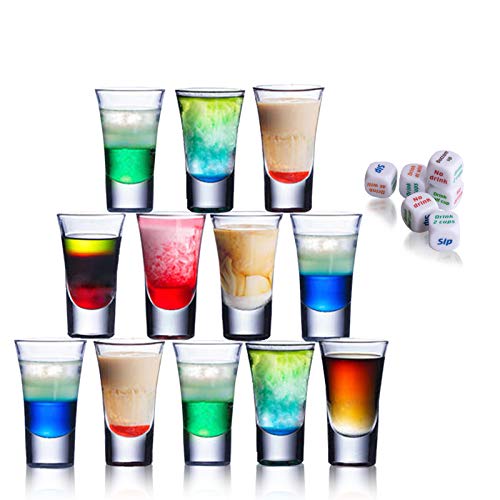Party Shot Glasses 12-Pack Shot Glass 15-Ounce Acrylic Shot Glasses with 6 Dices for Tequila Vodka Cocktail