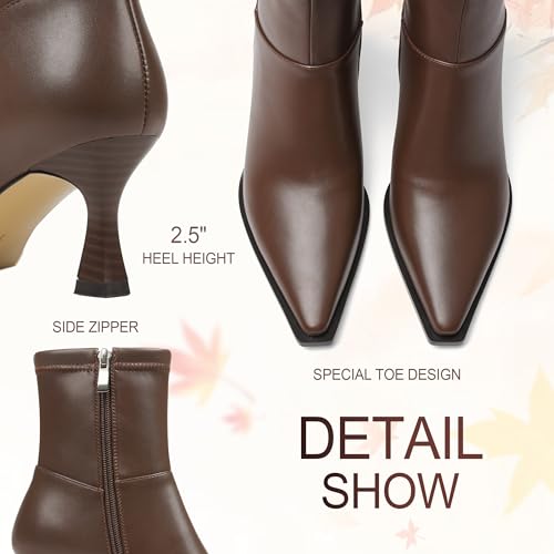 Image of Womens Brown Suede Fall Boots with Side Zip, Ankle, Mid Calf, Pointed Toe, Kitten Heel, Dressy, Short Boots