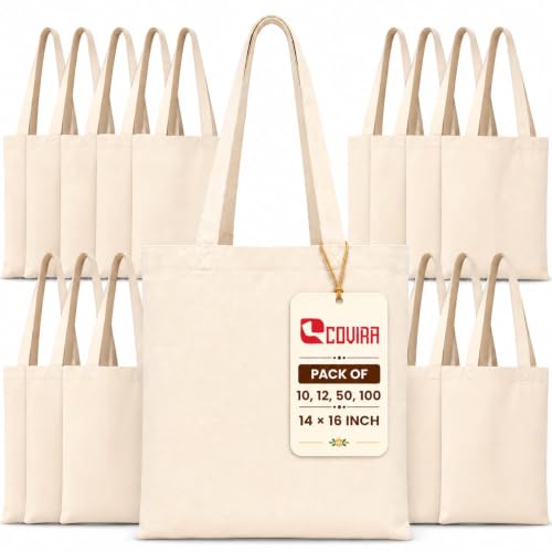 Image of COVIRA 14x16 Inch Plain Cotton Tote Bag | 10 Pcs | 12 Pcs | 50 Pcs | 100 Pcs | 100% Organic Reusable 200 GSM Cotton Handbag for Shopping, Daily Use, Grocery, Craft Diy Painting and Storage